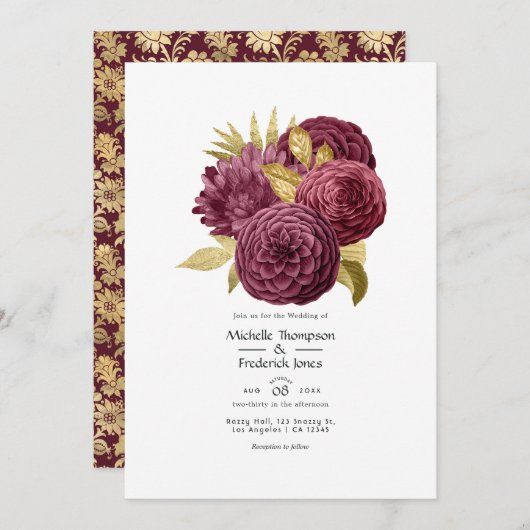 ヴィンテージブルゴーニュと金ゴールド結婚フローラの発明 招待状 (正面/裏面)