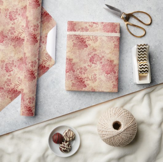 ヴィンテージブルゴーニュバラと金ゴールドバロック・ダマスク ラッピングペーパー (クラフト)