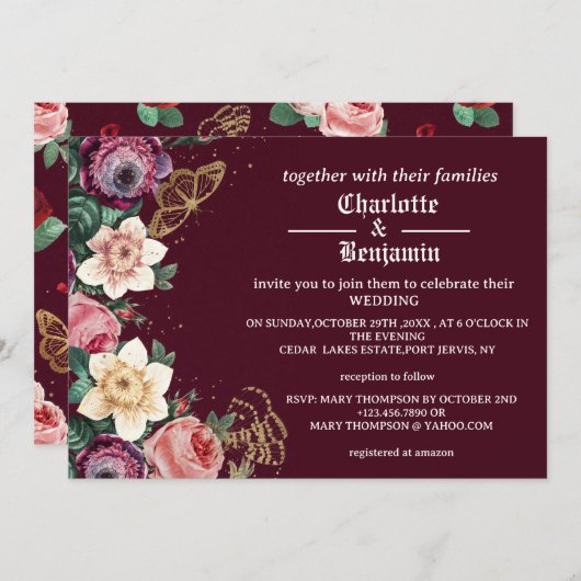 ヴィンテージブルゴーニュビクトリアンフローラ結婚スタイル 招待状 (正面/裏面)