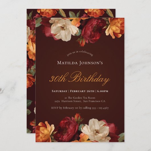 ヴィンテージブルゴーニュフローラ30歳の誕生日 招待状 (正面/裏面)