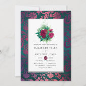 ヴィンテージブルゴーニュプラムとティール（緑がかった色）フローラ結婚ズ 招待状 (正面)