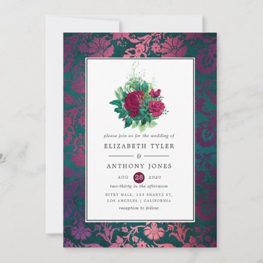 ヴィンテージブルゴーニュプラムとティール（緑がかった色）フローラ結婚ズ 招待状 (正面)