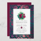 ヴィンテージブルゴーニュプラムとティール（緑がかった色）フローラ結婚ズ 招待状 (正面/裏面)