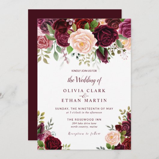 ヴィンテージブルゴーニュ水カラーフローラ 招待状 (正面/裏面)