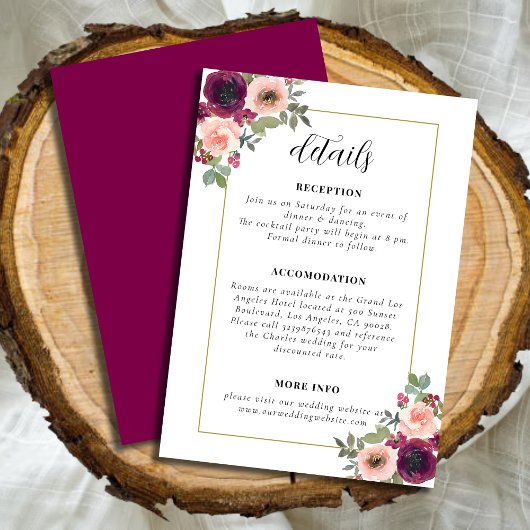 ヴィンテージブルゴーニュ水彩フローラ結婚詳細 エンクロージャーカード