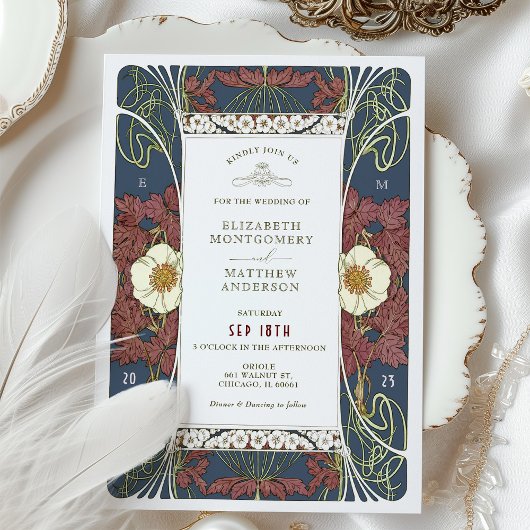 ヴィンテージブルゴーニュ海軍ブルー結婚ズアールヌーボー 招待状