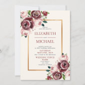 ヴィンテージブルゴーニュ赤面ピンク金ゴールド結婚フローラ 招待状 (正面)