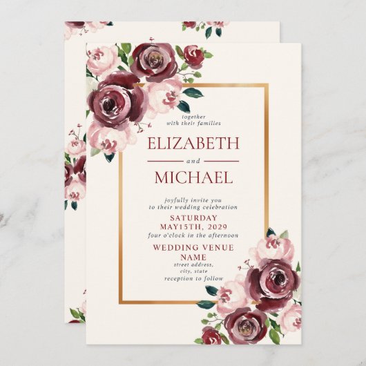 ヴィンテージブルゴーニュ赤面ピンク金ゴールド結婚フローラ 招待状 (正面/裏面)