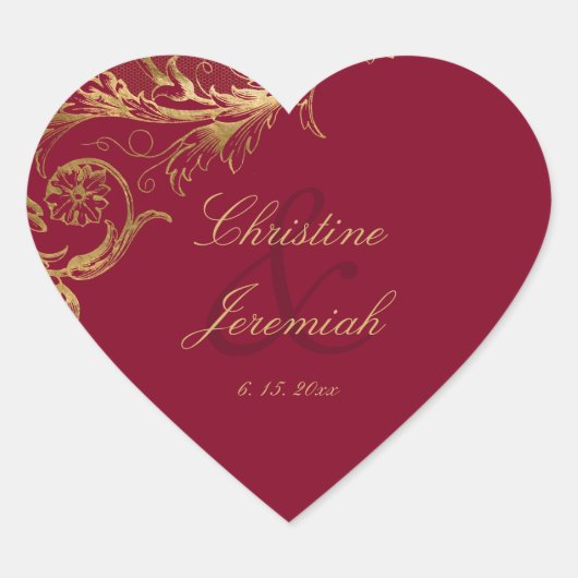 ヴィンテージブルゴーニュ金ゴールドフローラダマスク結婚スクリプト ハートシール (正面)