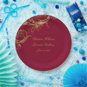 ヴィンテージブルゴーニュ金ゴールドフローラダマスク結婚スクリプト ペーパープレート (パーティー)