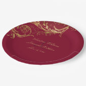 ヴィンテージブルゴーニュ金ゴールドフローラダマスク結婚スクリプト ペーパープレート (アングル)