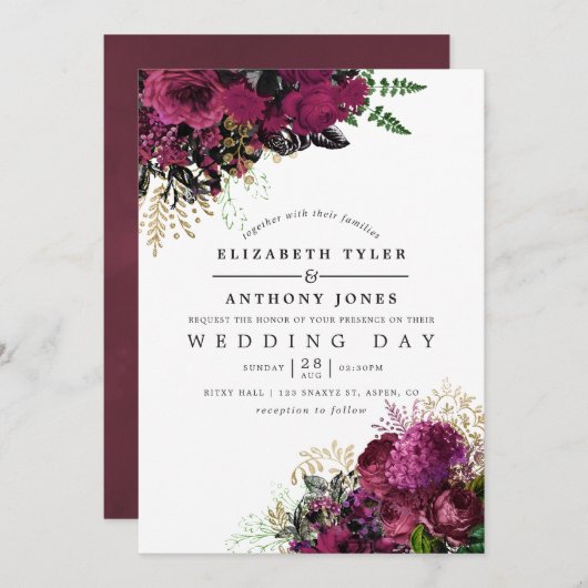 ヴィンテージブルゴーニュ – マルサラと金ゴールドフローラ結婚 招待状 (正面/裏面)