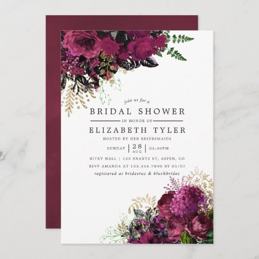 ヴィンテージブルゴーニュ – マルサラと金ゴールドブライダルシャワー 招待状 (正面/裏面)