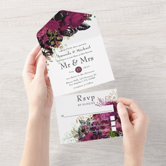 ヴィンテージブルゴーニュ – マルサラと金ゴールド結婚ズ オールインワン招待状 (貼ってはがせる)