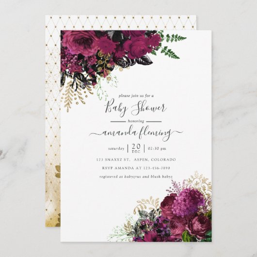 ヴィンテージブルゴーニュ – マルサラと金ゴールド赤ちゃんシャワー 招待状 (正面/裏面)