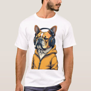 ヴィンテージブルドッグがヘッドホンをつけてフードを被った音楽 Tシャツ