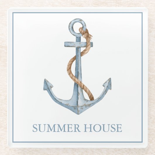 ヴィンテージブルーいかりロープ付パーソナライズされたき ガラスコースター (正面)