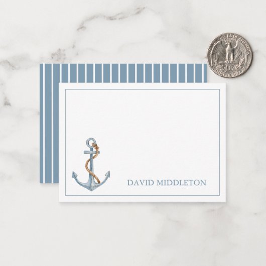 ヴィンテージブルーいかりロープ付パーソナライズされたき ノートカード (正面/裏面インサイチュ)