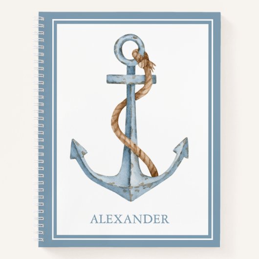 ヴィンテージブルーいかりロープ付パーソナライズされたき ノートブック (正面)