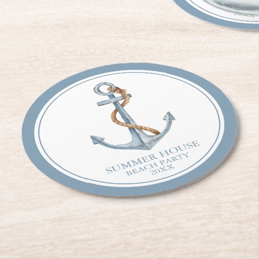 ヴィンテージブルーいかりロープ付パーソナライズされたき ラウンドペーパーコースター (アングル)