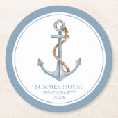 ヴィンテージブルーいかりロープ付パーソナライズされたき ラウンドペーパーコースター (正面)