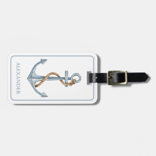 ヴィンテージブルーいかりロープ付パーソナライズされたき ラゲッジタグ (正面横)