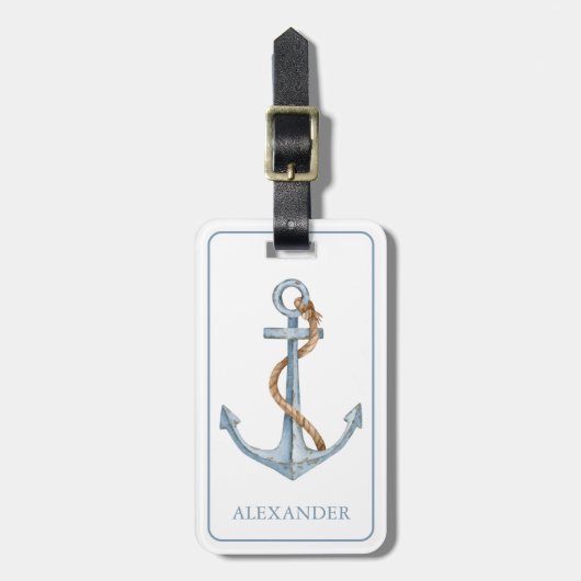 ヴィンテージブルーいかりロープ付パーソナライズされたき ラゲッジタグ (正面縦)