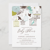 ヴィンテージブルーお洒落バードケイズベビーシャワー 招待状 (正面)