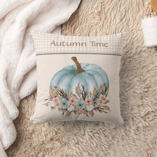 ヴィンテージブルーかわいらし秋のプレイドフローラカボチャ クッション (ブランケット)