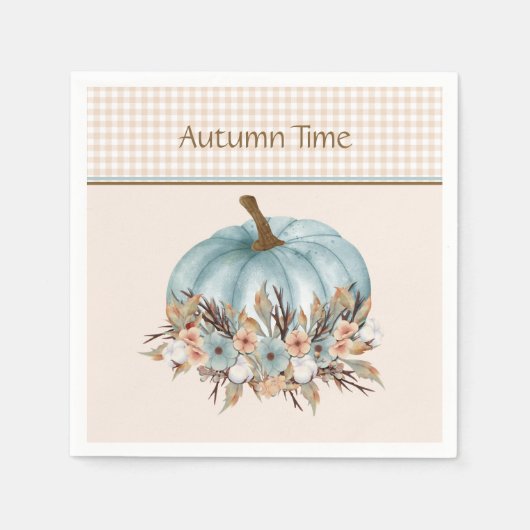 ヴィンテージブルーかわいらし秋のプレイドフローラカボチャ スタンダードカクテルナプキン (正面)