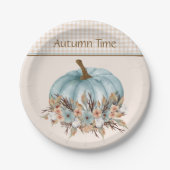 ヴィンテージブルーかわいらし秋のプレイドフローラカボチャ ペーパープレート (正面)