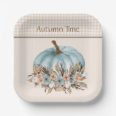 ヴィンテージブルーかわいらし秋のプレイドフローラカボチャ ペーパープレート (正面)