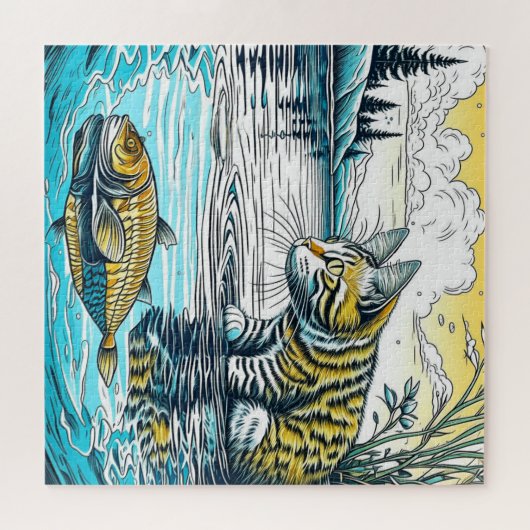 ヴィンテージブルーとイエローの猫と魚ゲームアイアート ジグソーパズル (横)