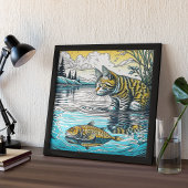 ヴィンテージブルーとイエローの猫と魚ゲームアイアート ポスター