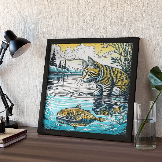 ヴィンテージブルーとイエローの猫と魚ゲームアイアート ポスター