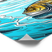 ヴィンテージブルーとイエローの猫と魚ゲームアイアート ポスター (角)