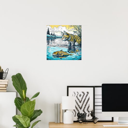 ヴィンテージブルーとイエローの猫と魚ゲームアイアート ポスター (ホームオフィス)