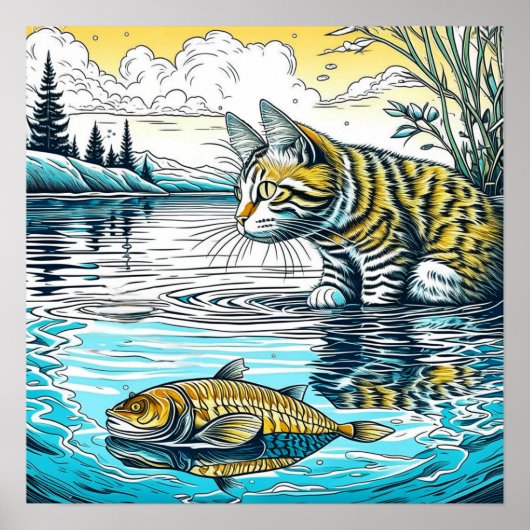 ヴィンテージブルーとイエローの猫と魚ゲームアイアート ポスター (正面)