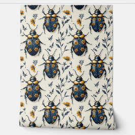 ヴィンテージブルーとイエローフローラ甲虫の模様デコ 壁紙