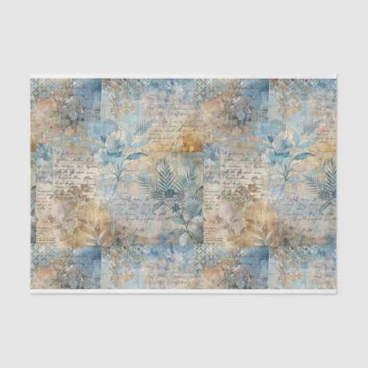 ヴィンテージブルーとセピアフローラコラージパターン#4 薄葉紙 (正面)