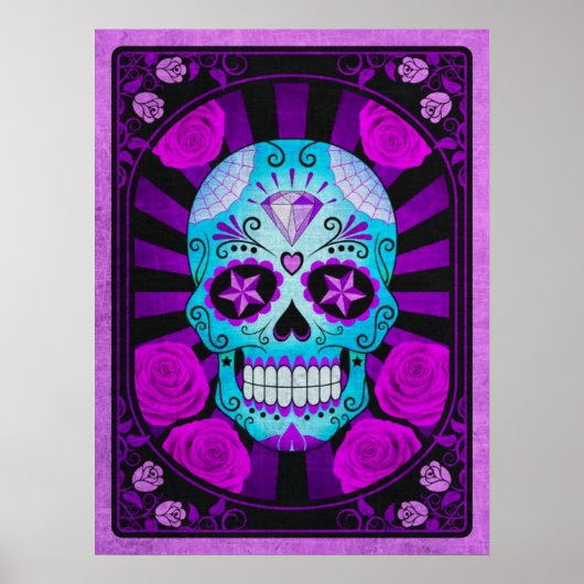 ヴィンテージブルーとパープルシュガースカルとバラ ポスター (正面)