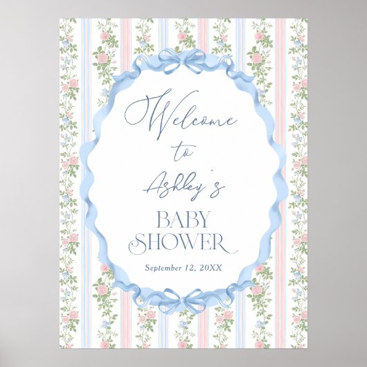 ヴィンテージブルーとピンクのフローラ赤ちゃんシャワーへようこそ ポスター (正面)