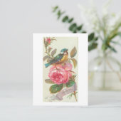 ヴィンテージブルーとピンクの花誕生日 ポストカード (スタンド正面)