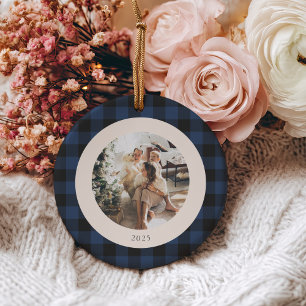 ヴィンテージブルーとブラックバッファロープレイドのカスタム写真 セラミックオーナメント