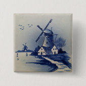 ヴィンテージブルーとホワイトのデルフト絵画アートワーク 缶バッジ (正面)