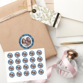 ヴィンテージブルーとホワイトの雪片クリスマスフォト ラウンドシール