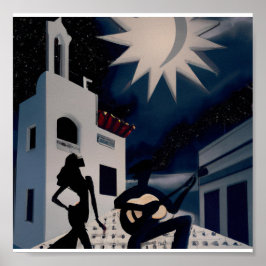 ヴィンテージブルーとホワイトデジタルデコ ポスター