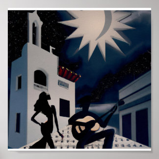 ヴィンテージブルーとホワイトデジタルデコ ポスター