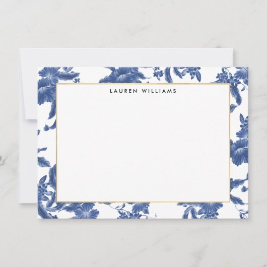 ヴィンテージブルーとホワイトフローラフラットノートカード (正面)