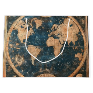 ヴィンテージブルーと金ゴールドの複半球の世界地図 ラージペーパーバッグ